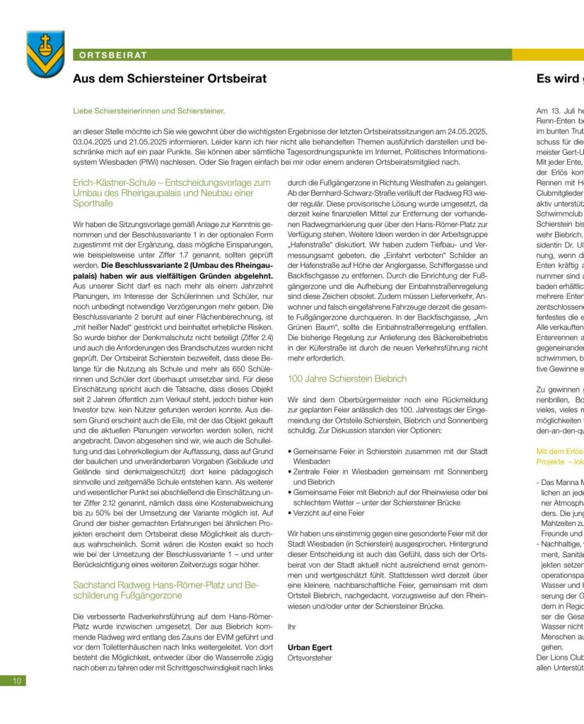 Ortsbeirat Schierstein — Sommer 2025 – Ortsbeirat, Schiersteiner Leben Sommer 2025, Wiesbaden-Schierstein