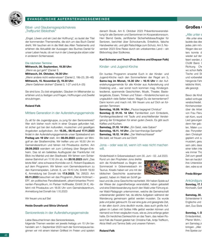 Evangelische Auferstehungsgemeinde — Herbst 2023 – Evangelische Auferstehungsgemeinde, Schiersteiner Leben Herbst 2023, Wiesbaden-Schierstein
