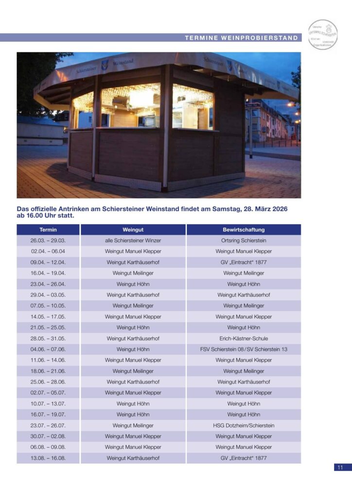 Termine Weinprobierstand — Ostern 2026 – Ortsring Schierstein e.V., Schiersteiner Leben Ostern 2026, Wiesbaden-Schierstein
