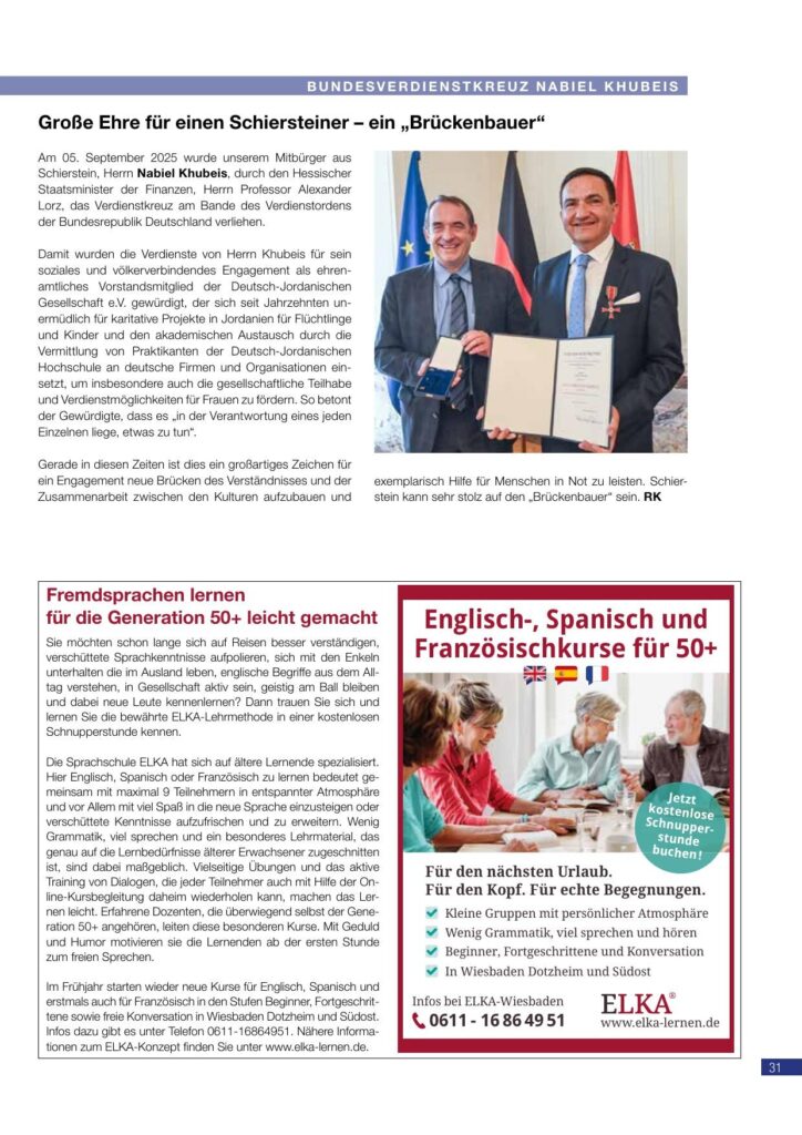 Bundesverdienstkreuz Nabiel Khubeis — Ostern 2026 – Verschönerungsverein Schierstein e.V., Schiersteiner Leben Ostern 2026, Wiesbaden-Schierstein