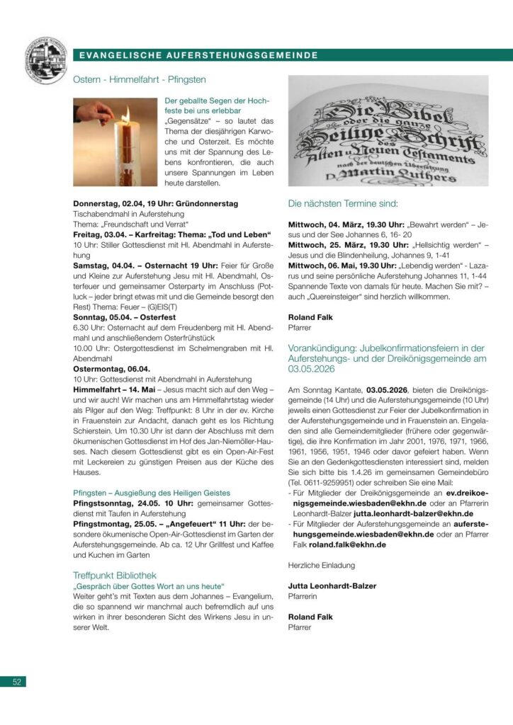 Evangelische Auferstehungsgemeinde — Ostern 2026 – Evangelische Auferstehungsgemeinde, Schiersteiner Leben Ostern 2026, Wiesbaden-Schierstein