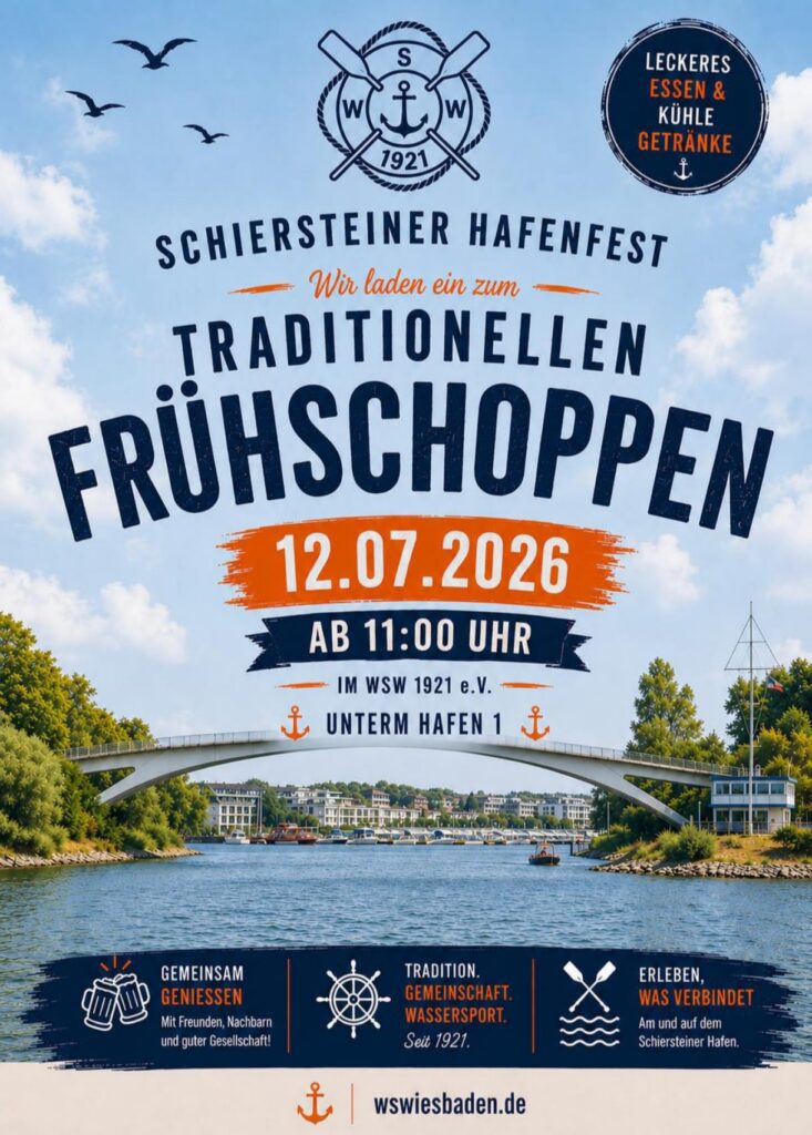 Plakat Traditioneller Frühschoppen im WSW 1921 e.V. am 12. Juli 2026 ab 11 Uhr beim Schiersteiner Hafenfest